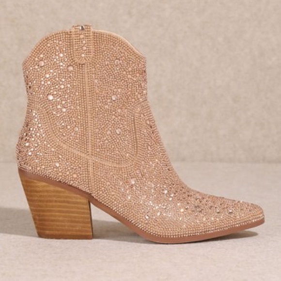 MIIM ANGEL Rose Gold Rhinestone Embellished Ankle Western Heeled Cowboy Boots - Picture 2 of 7